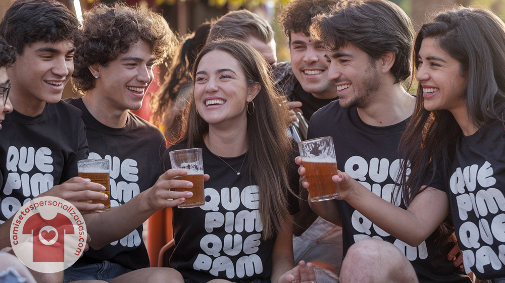 Grupo de peña luciendo camisetas personalizadas en un evento festivo