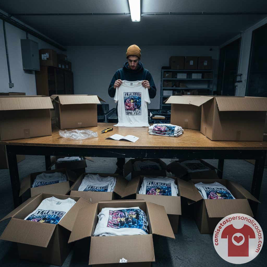 Hombre empaqueta camisetas personalizadas en cajas de cartón.