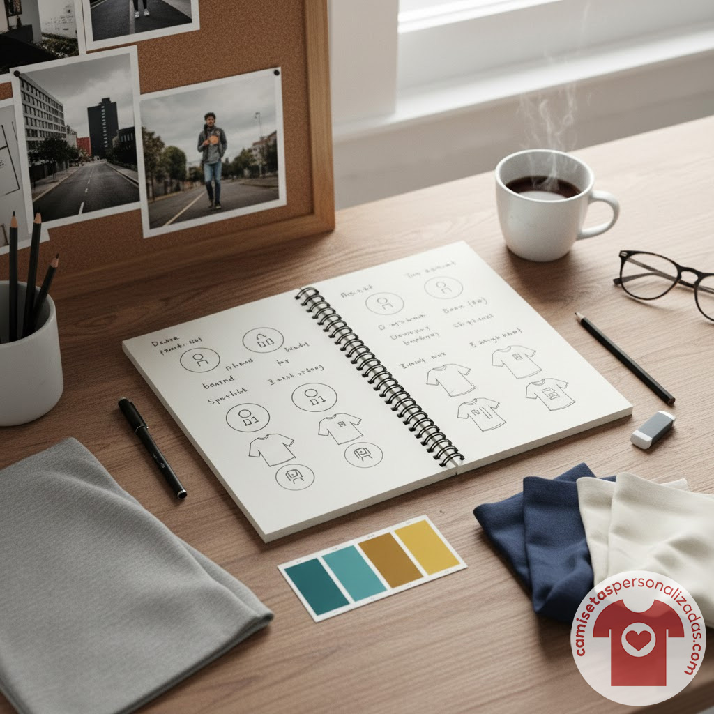 Mesa de diseño de camisetas personalizadas y bocetos.