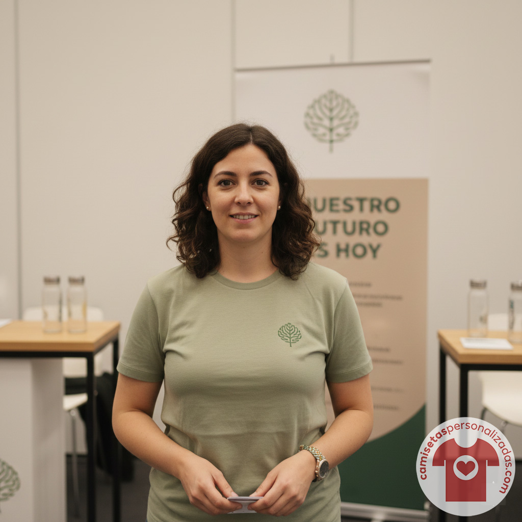Mujer con camiseta verde en evento ambiental.