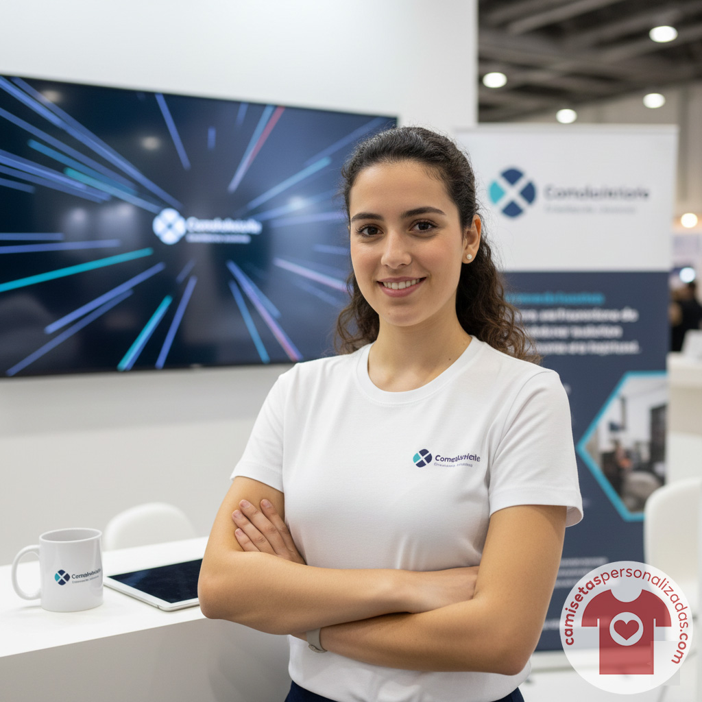Mujer en feria comercial con camiseta de empresa.