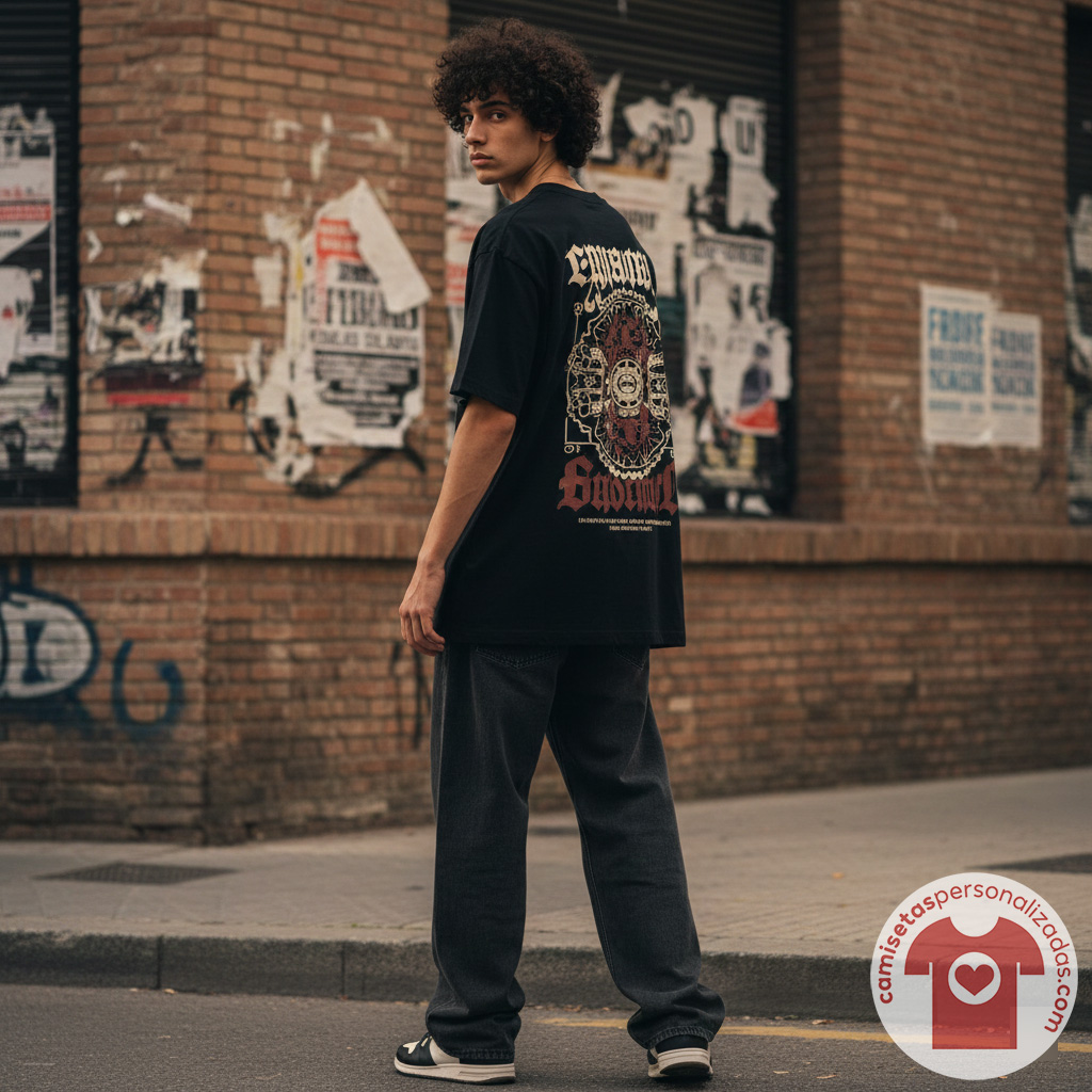 Persona con camiseta negra y pantalones oscuros en calle.