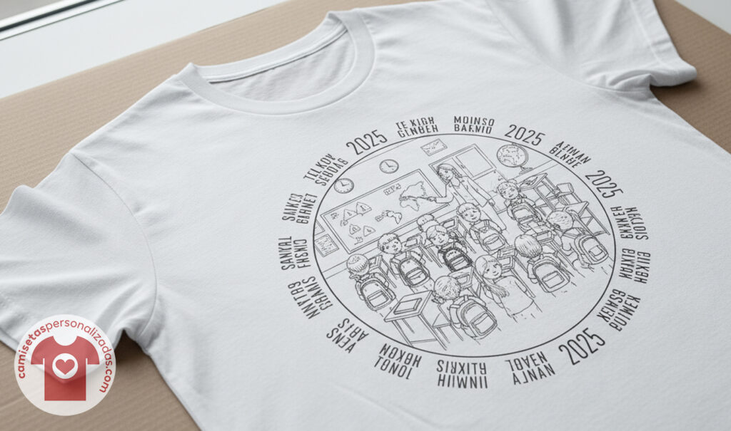 Camiseta blanca con diseño de clase escolar.