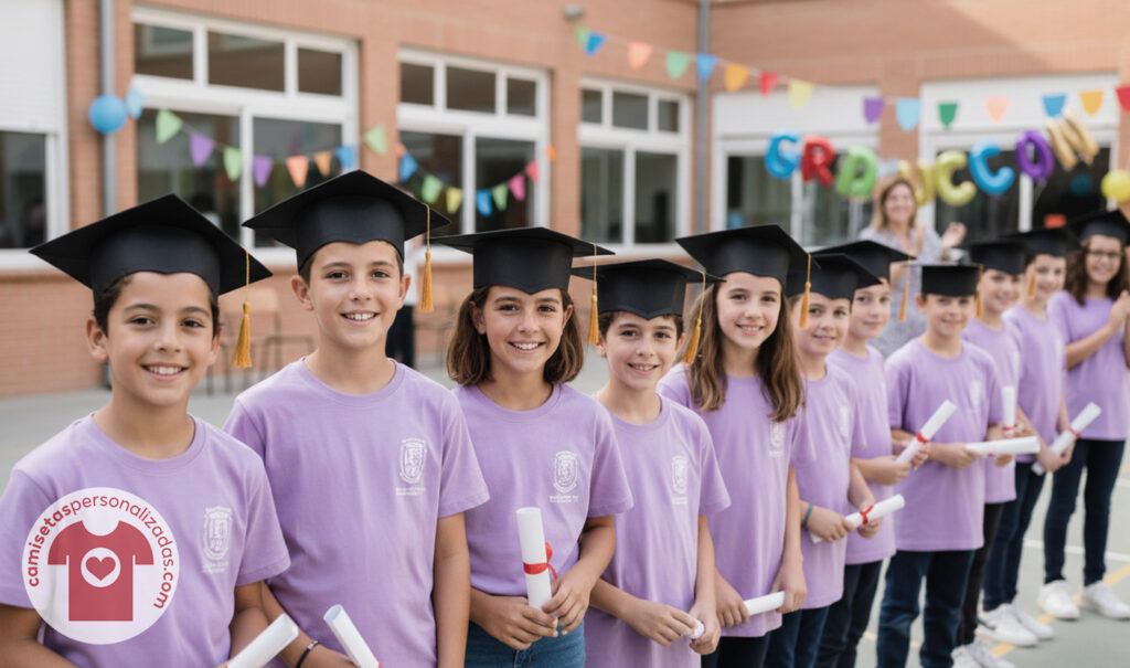 Niños graduándose con camisetas personalizadas y birretes.