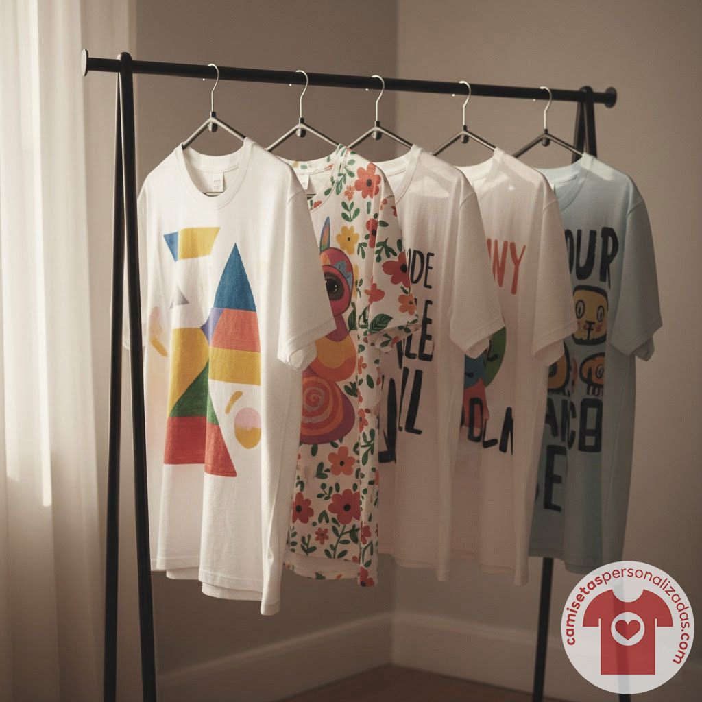 Camisetas personalizadas colgando en perchero.