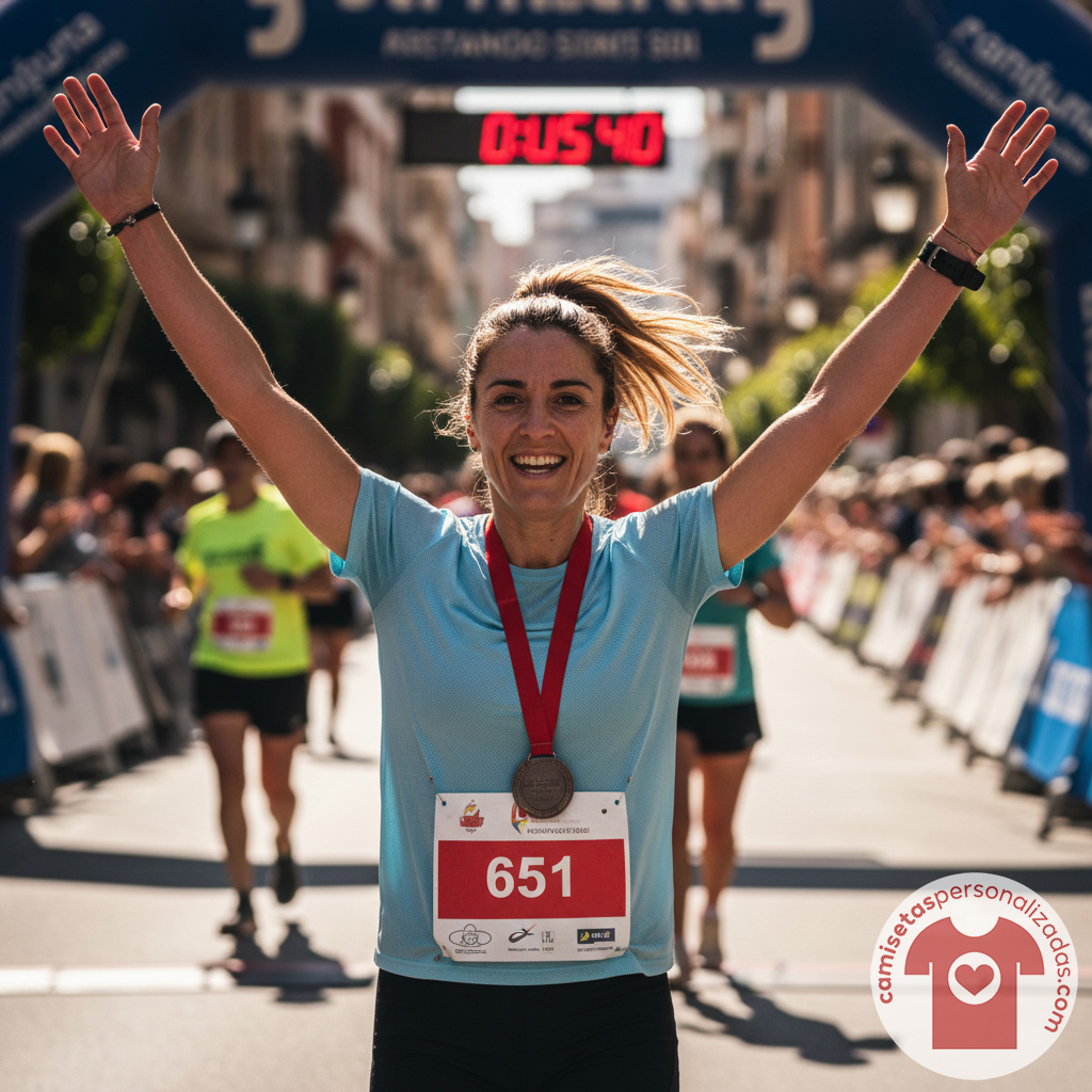 Mujer celebrando al cruzar la meta de una carrera.