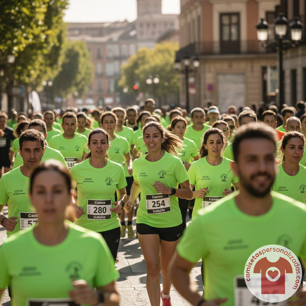 Corredores en maratón urbano bajo el sol.