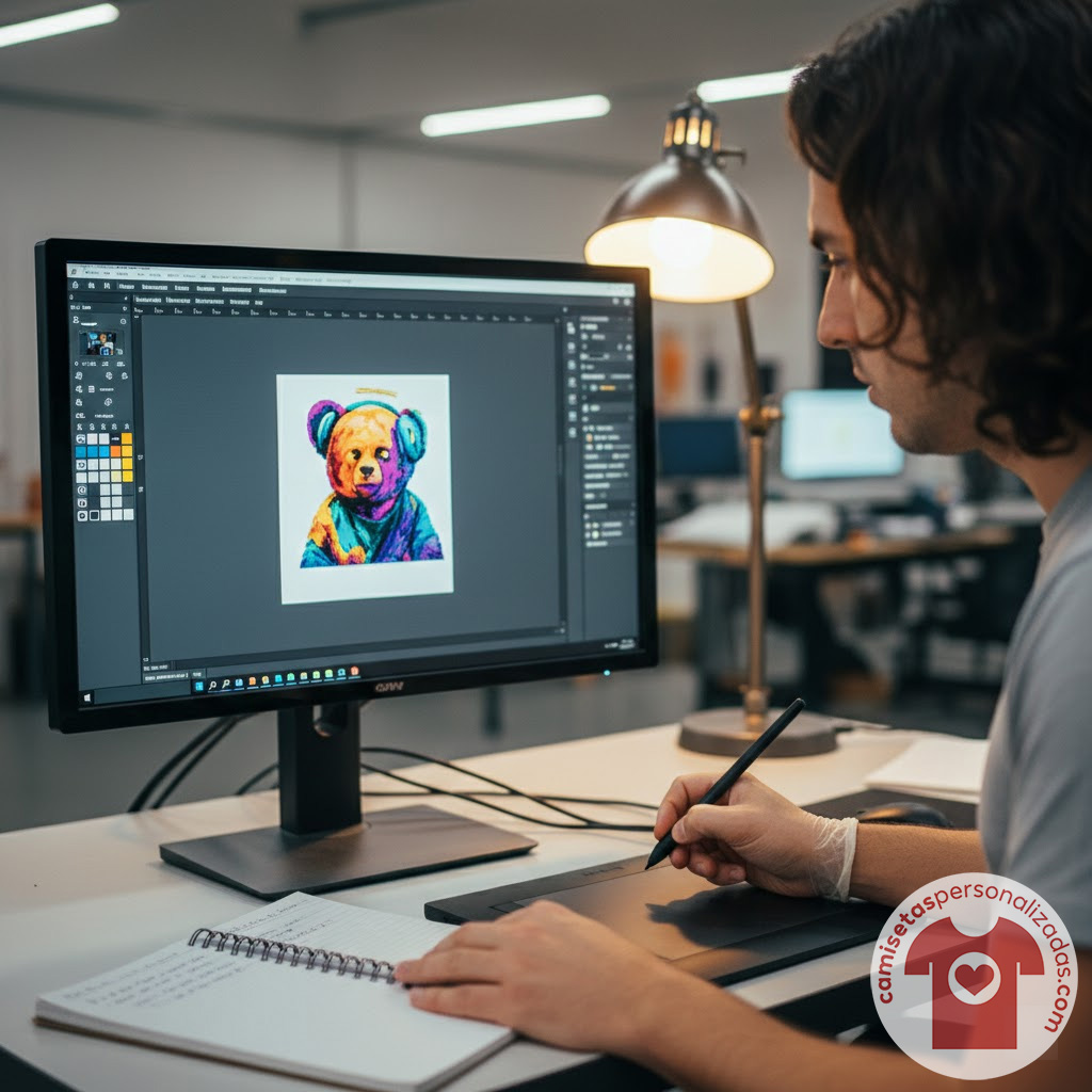Artista digital diseñando ilustración de oso colorido.