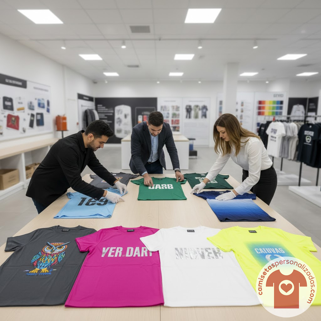 Personas ordenando camisetas personalizadas en una mesa.