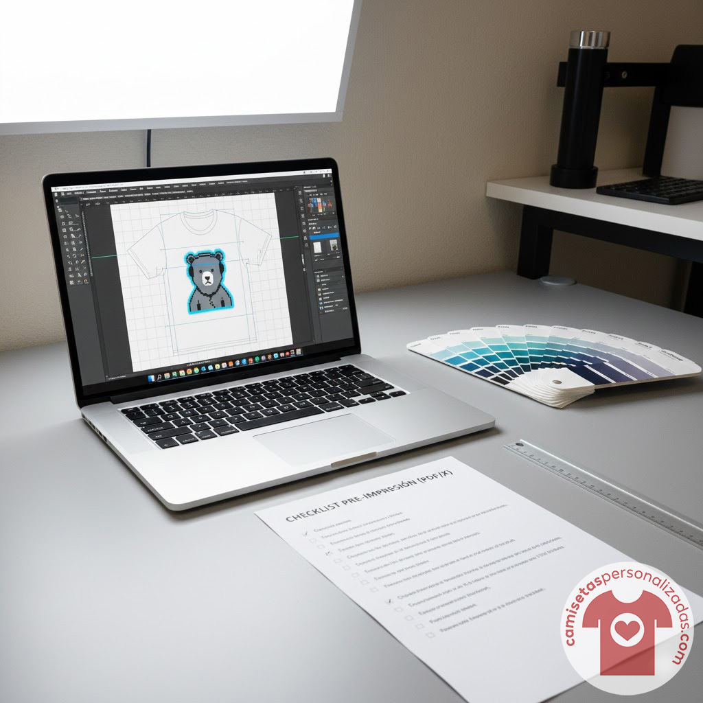 Diseño gráfico de camiseta con oso en computadora