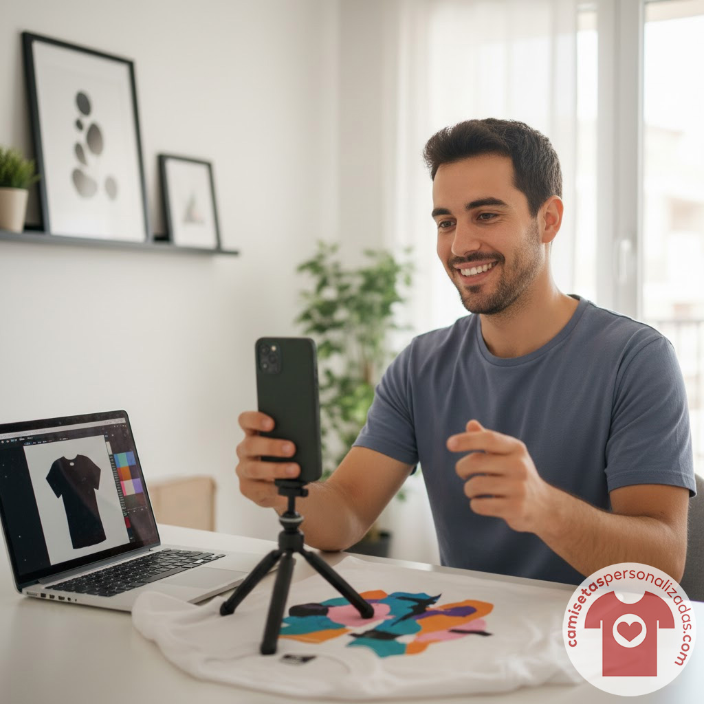 Hombre diseñando camisetas personalizadas con smartphone y portátil.