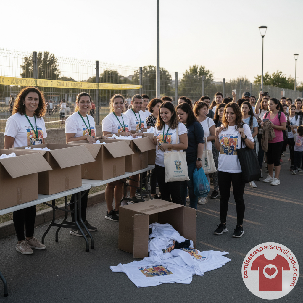 Voluntarios entregando camisetas en evento solidario al aire libre.