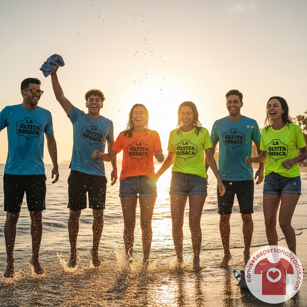 Grupo de amigos con camisetas personalizadas en la playa.