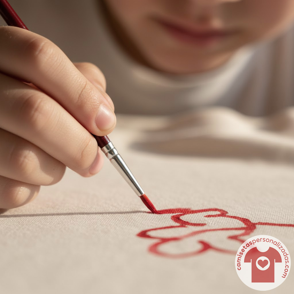 Niño pintando camiseta con pincel rojo