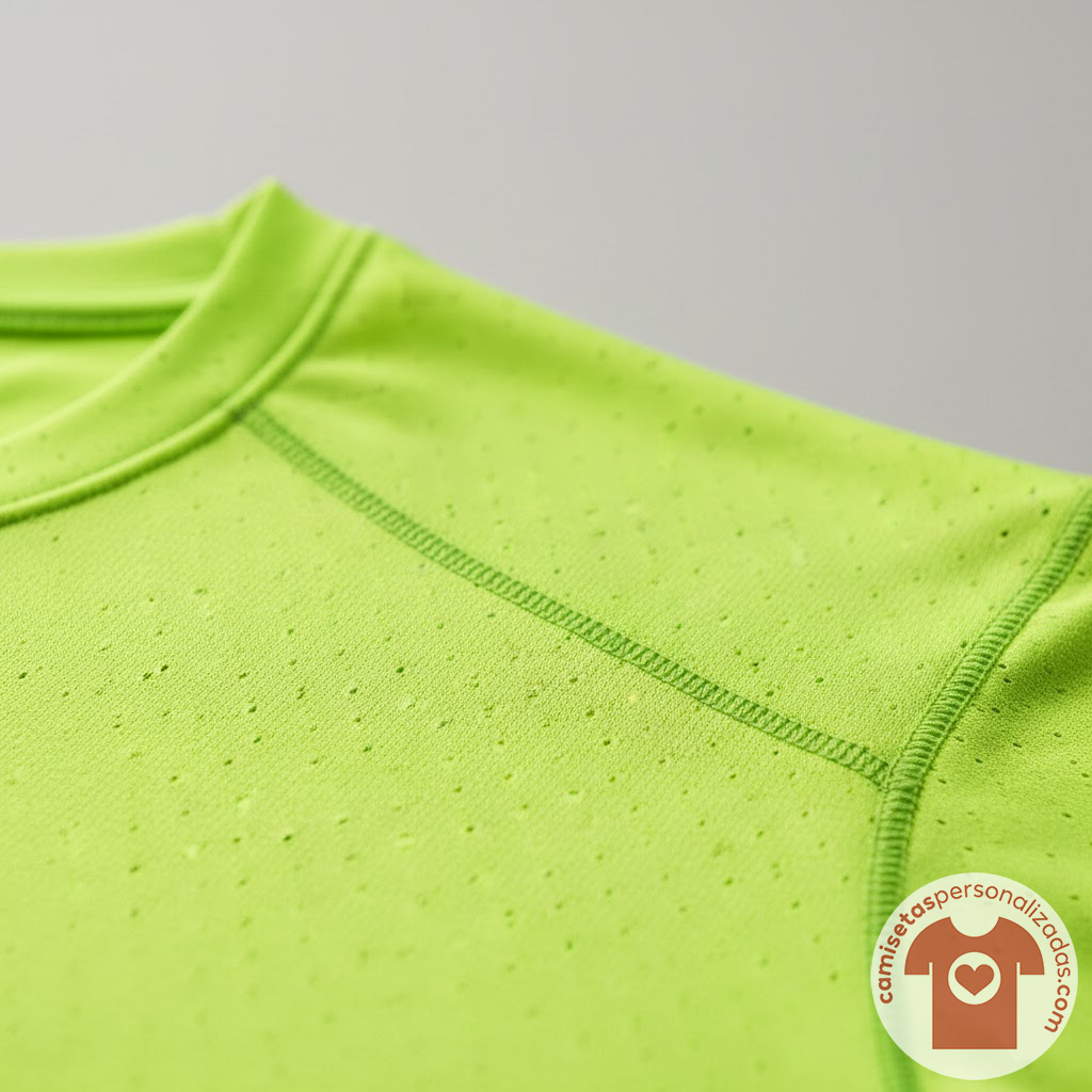 Camiseta deportiva verde flúor, detalle de costura