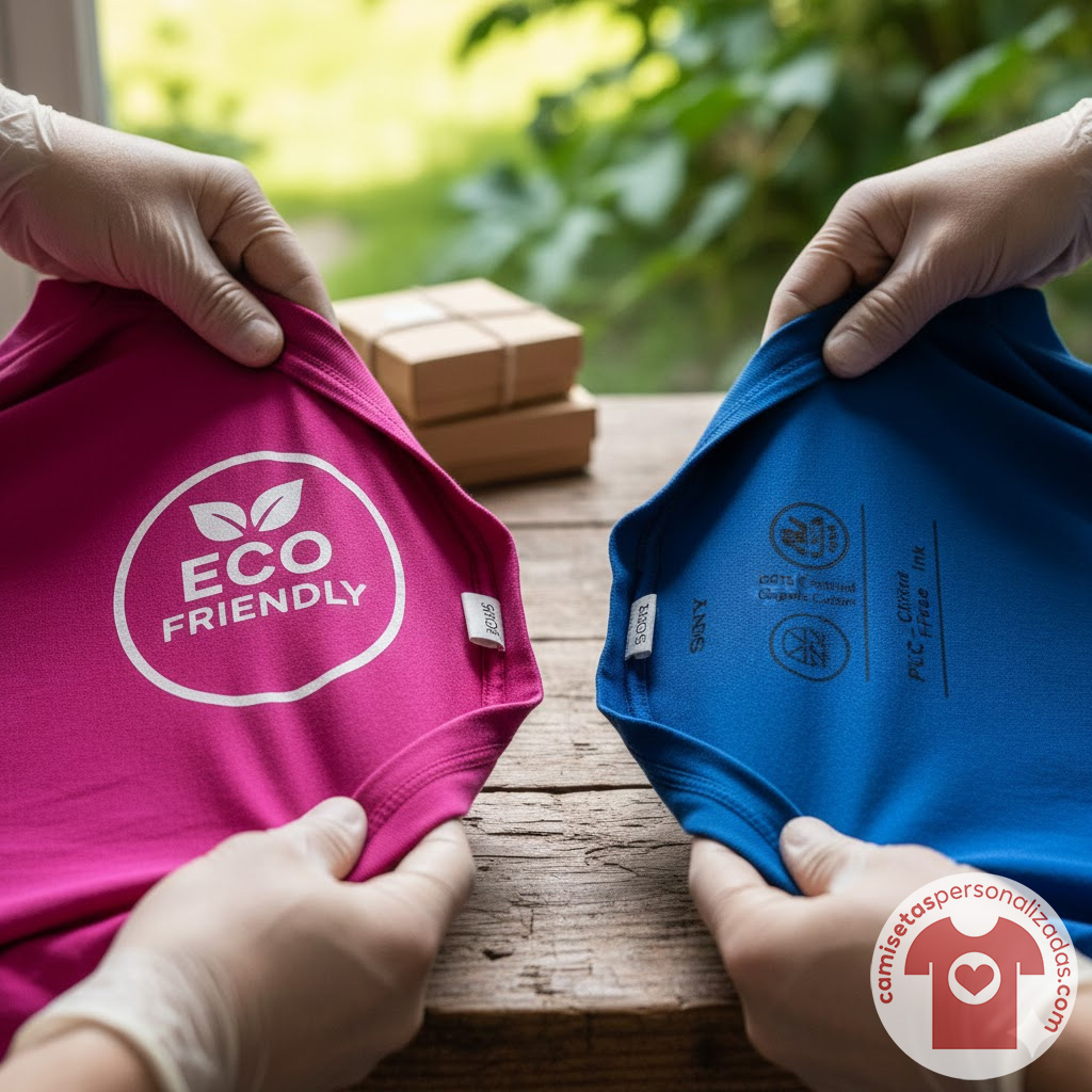 Camisetas ecológicas con etiquetas sostenibles.