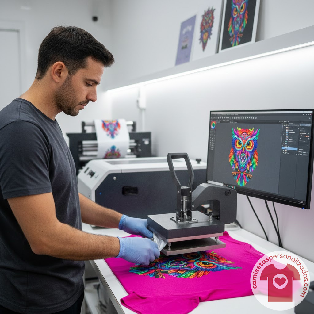 Impresión de camiseta con diseño de búho colorido.