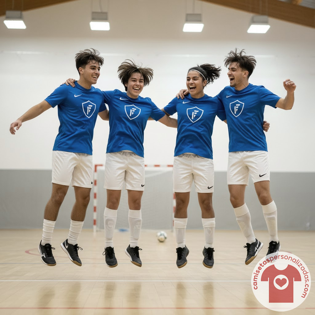 Jugadores de fútbol sala saltando y sonriendo en equipo.