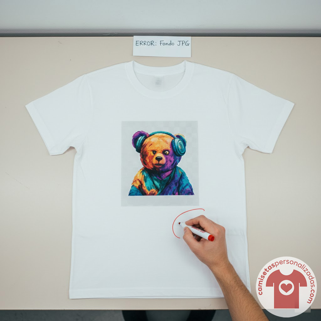 Camiseta con oso colorido y audífonos, mano dibujando