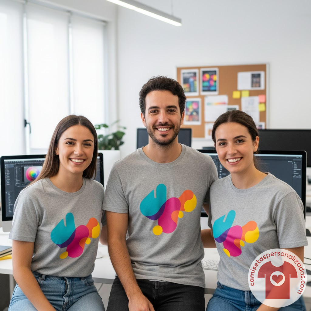 Equipo sonriendo con camisetas personalizadas en la oficina.