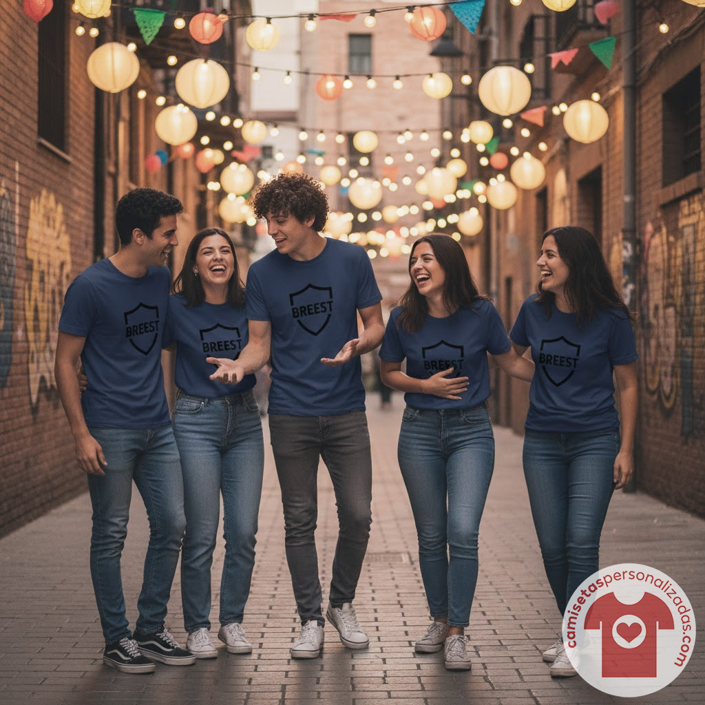 Amigos riendo con camisetas personalizadas breest.
