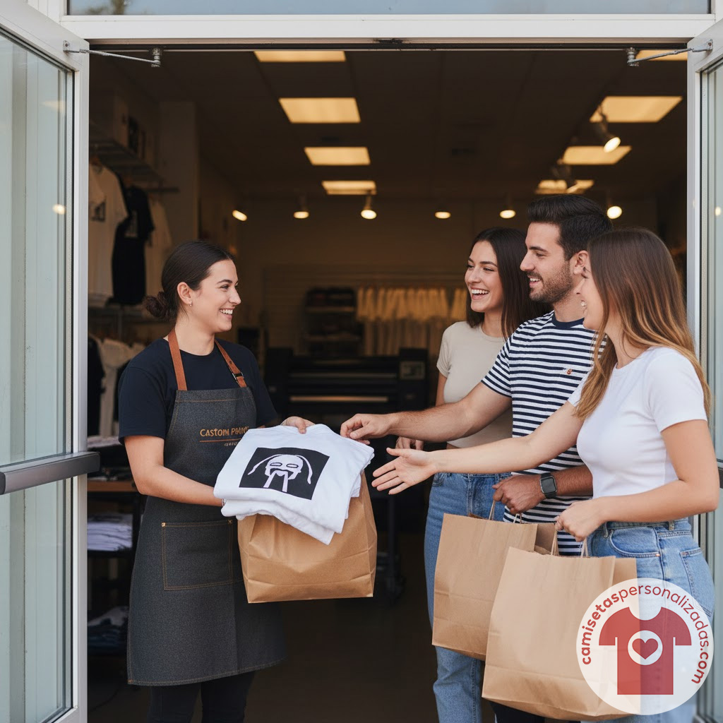 Entrega de camisetas en tienda personalizada.