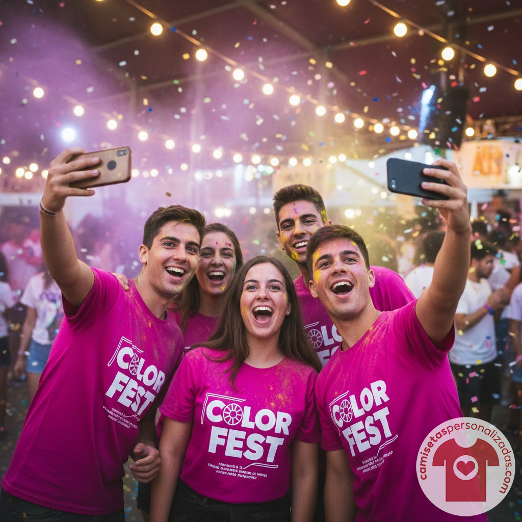 Jóvenes sonrientes hacen selfie en festival de colores.