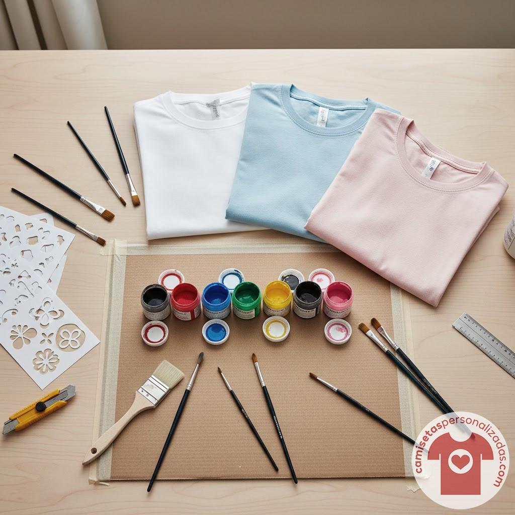 Materiales para pintar camisetas personalizadas en mesa.