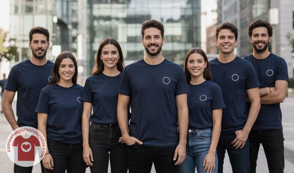 Grupo de personas con camisetas azules personalizadas.