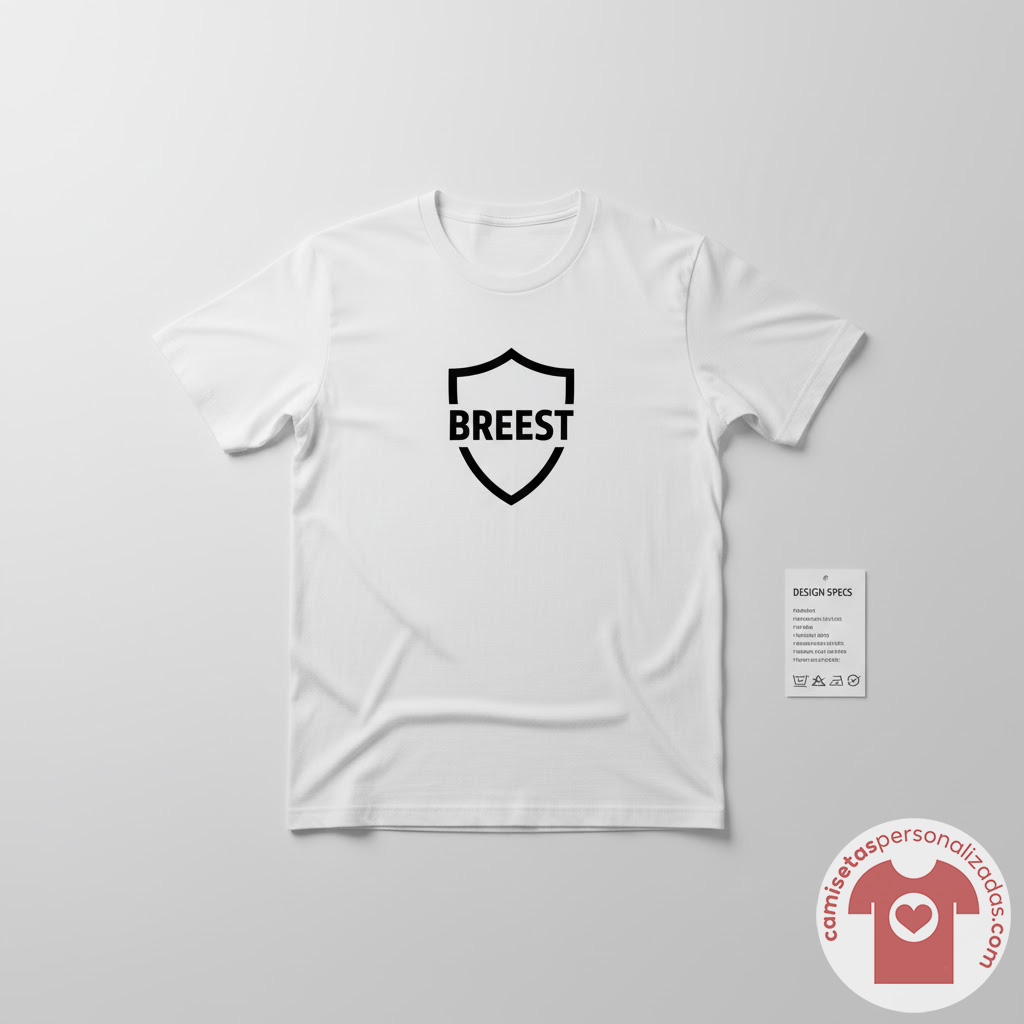 Camiseta blanca con logotipo Breest en escudo negro.