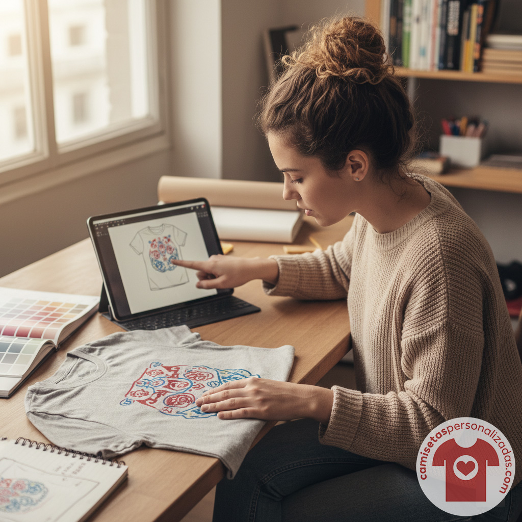 Diseñadora creando camiseta personalizada en ordenador.