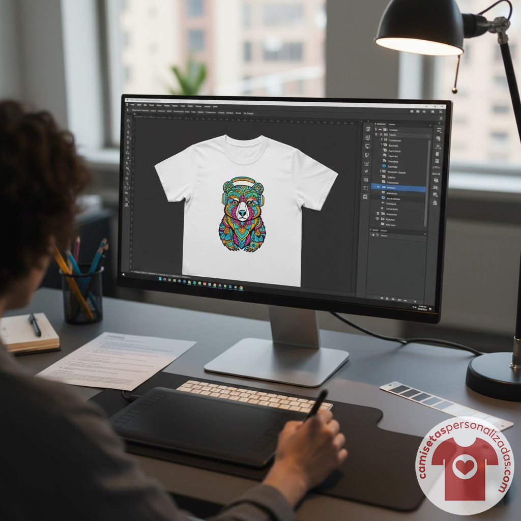 Diseño de camiseta con oso colorido en pantalla