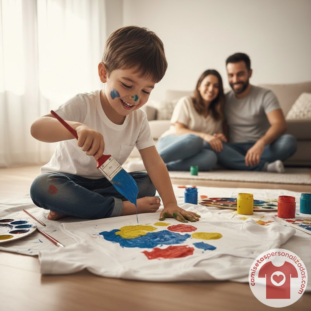 Niño pintando camiseta en casa, padres de fondo.