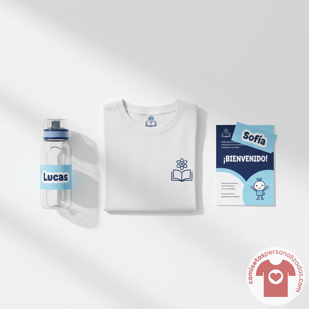 Productos personalizados con nombre: botella, camiseta y folleto.
