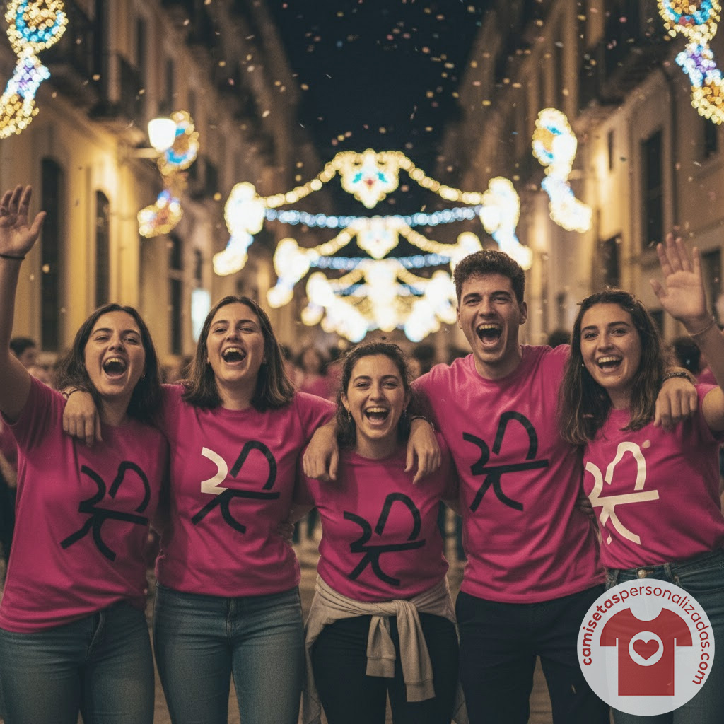 Grupo de jóvenes sonriendo en una calle iluminada.