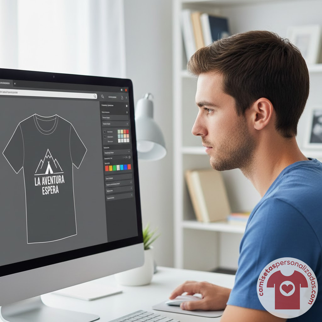 Hombre diseñando camiseta con el texto 'La aventura espera'.