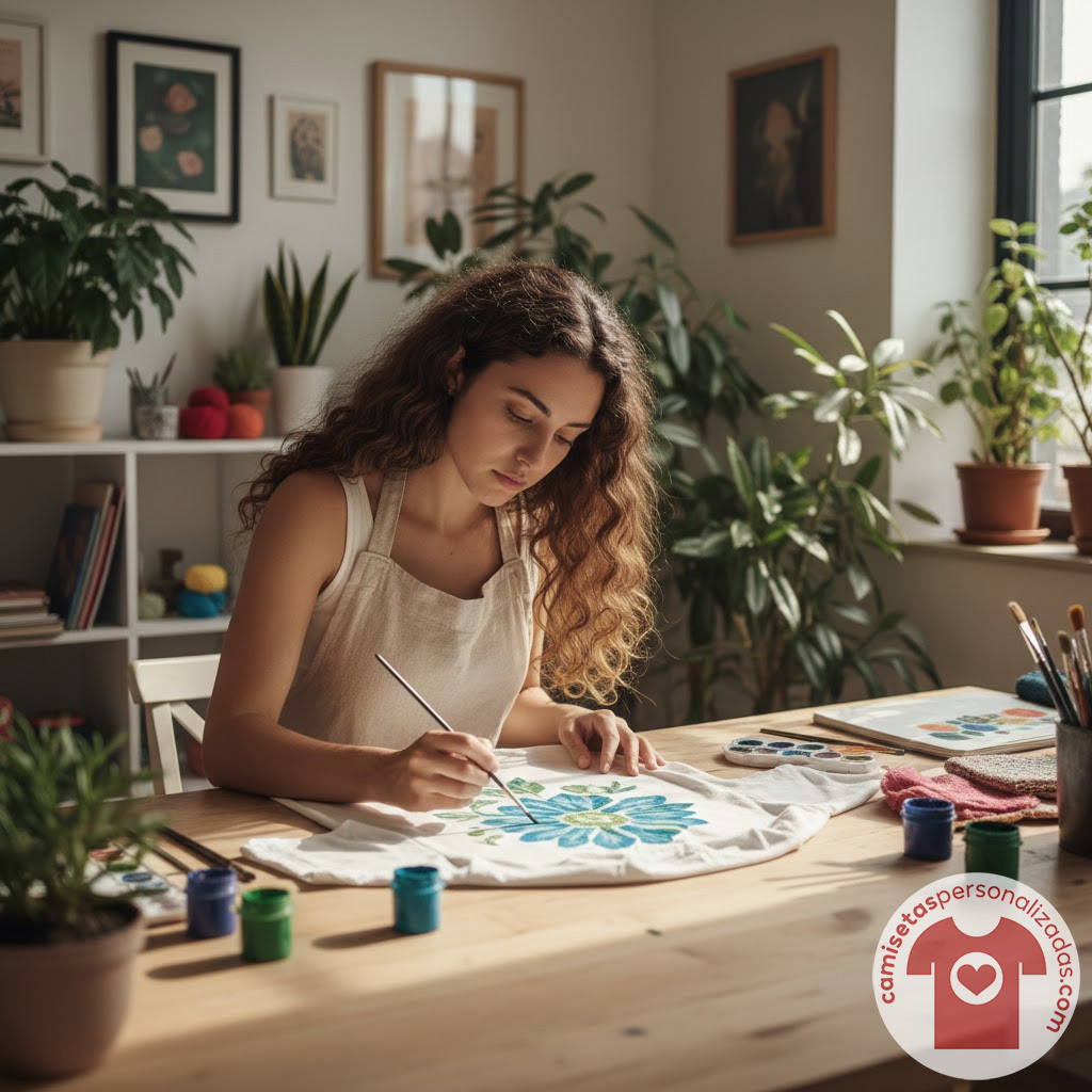 Mujer pintando camiseta personalizada en su estudio.