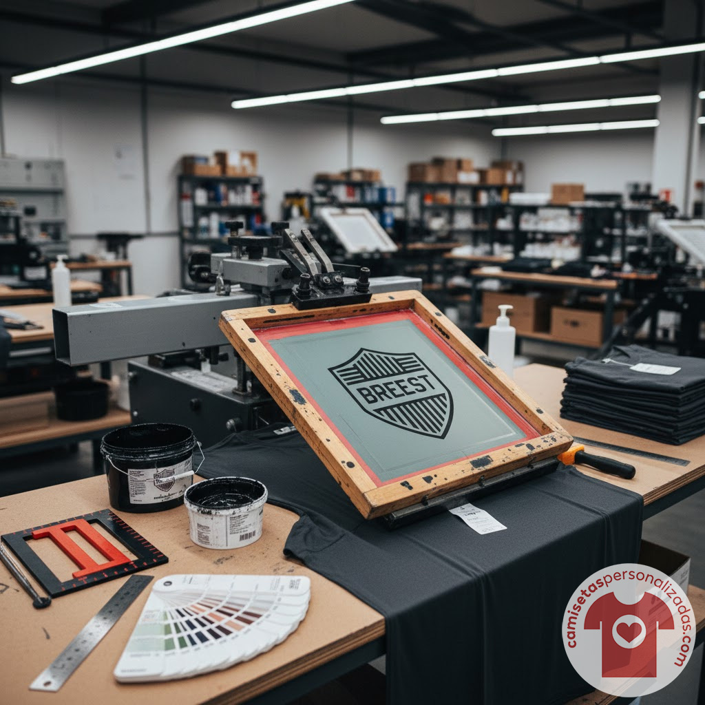 Taller de serigrafía con logo en pantalla.