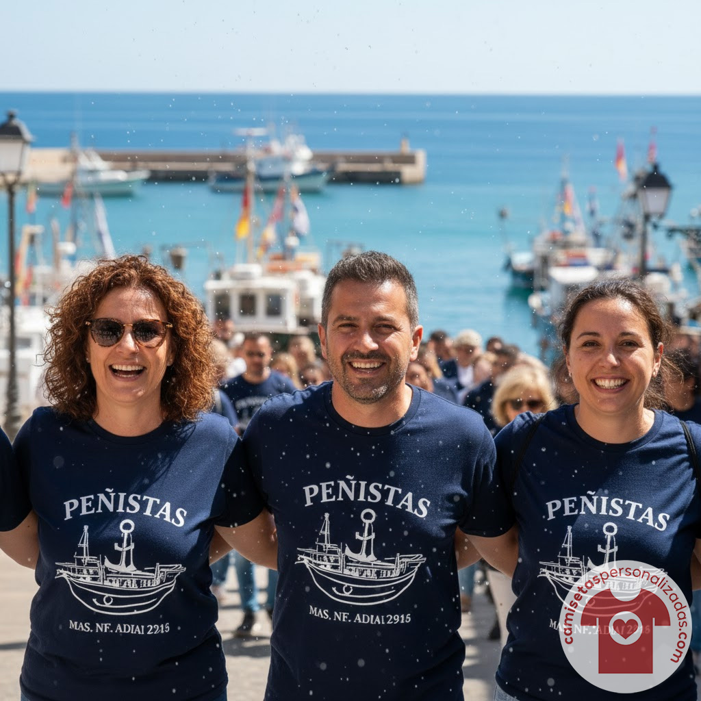 Personas sonrientes con camisetas frente al mar.
