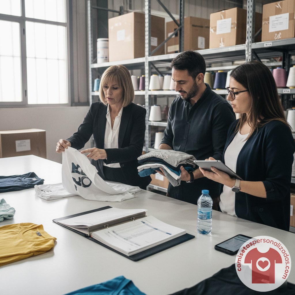 Equipo revisando camisetas en almacén de ropa personalizada.