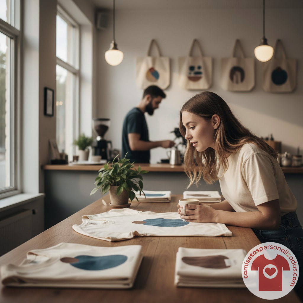 Tienda con camisetas personalizadas y cafetería acogedora.