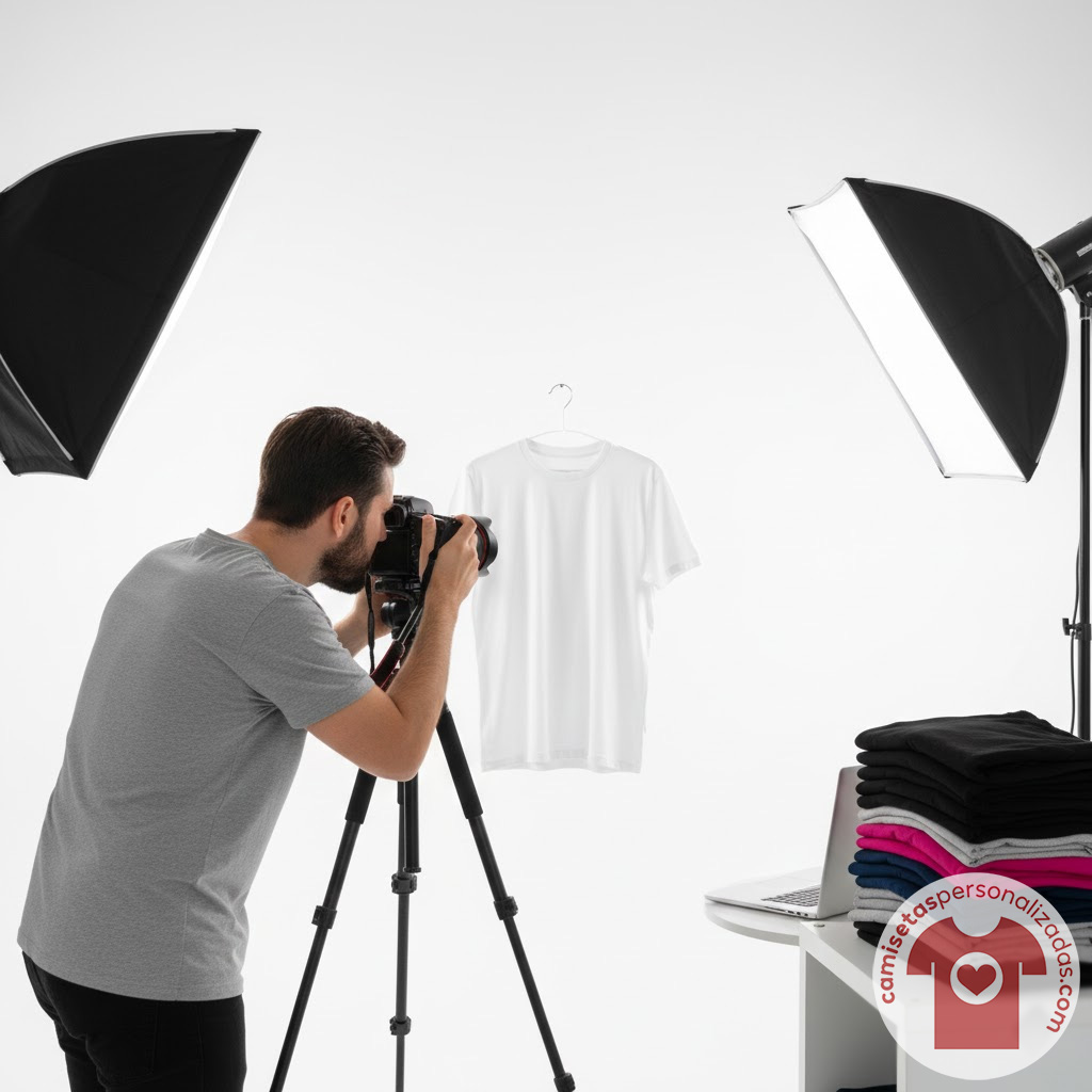 Fotógrafo captura camiseta en estudio iluminado.