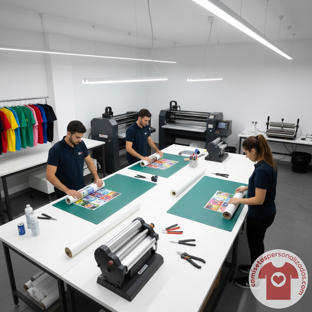 Personas trabajando en una imprenta con camisetas.