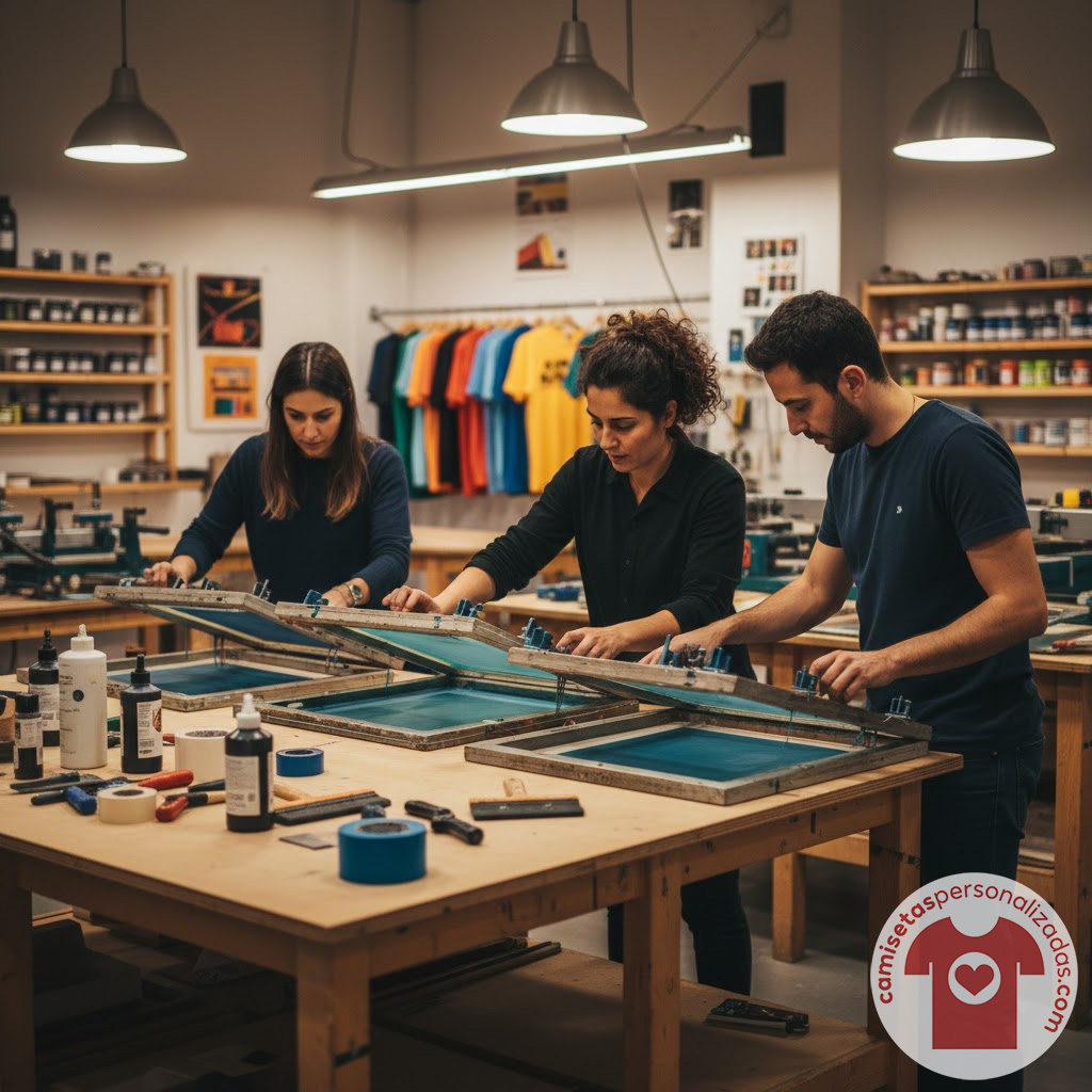Personas trabajando en serigrafía de camisetas personalizadas.