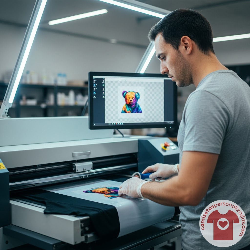 Hombre imprimiendo diseño de oso en camiseta negra.