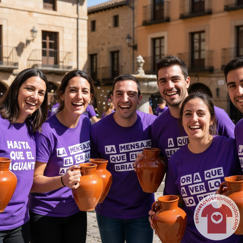 Grupo de personas con camisetas moradas y jarras.