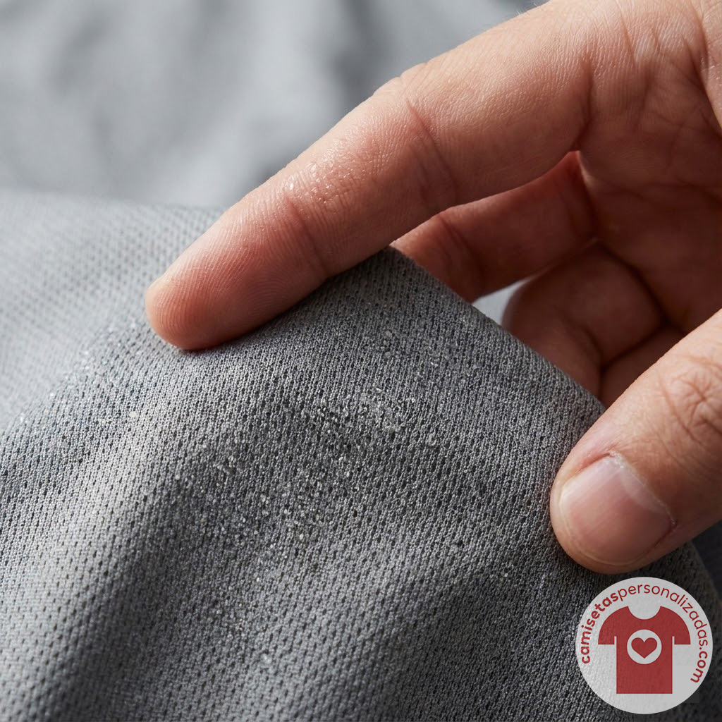 Mano tocando tela gris con textura visible.