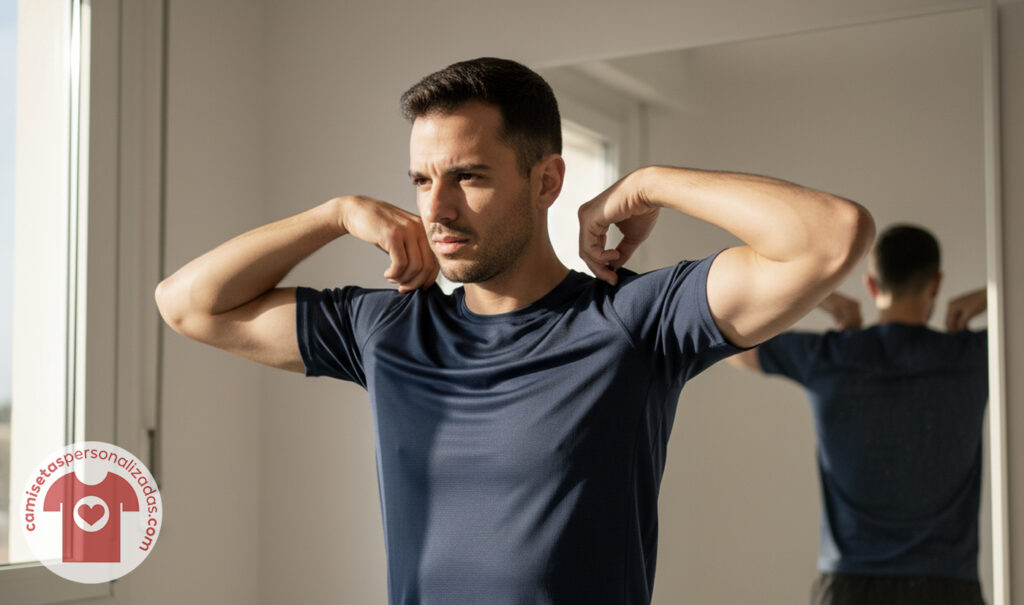Hombre usando camiseta oscura frente al espejo.