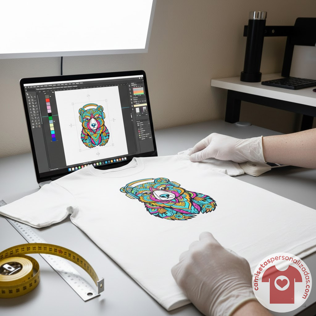 Diseñador creando camiseta con oso colorido en computador.
