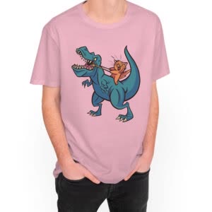 Camiseta Gato Montando T-Rex - Camiseta rosa con logo